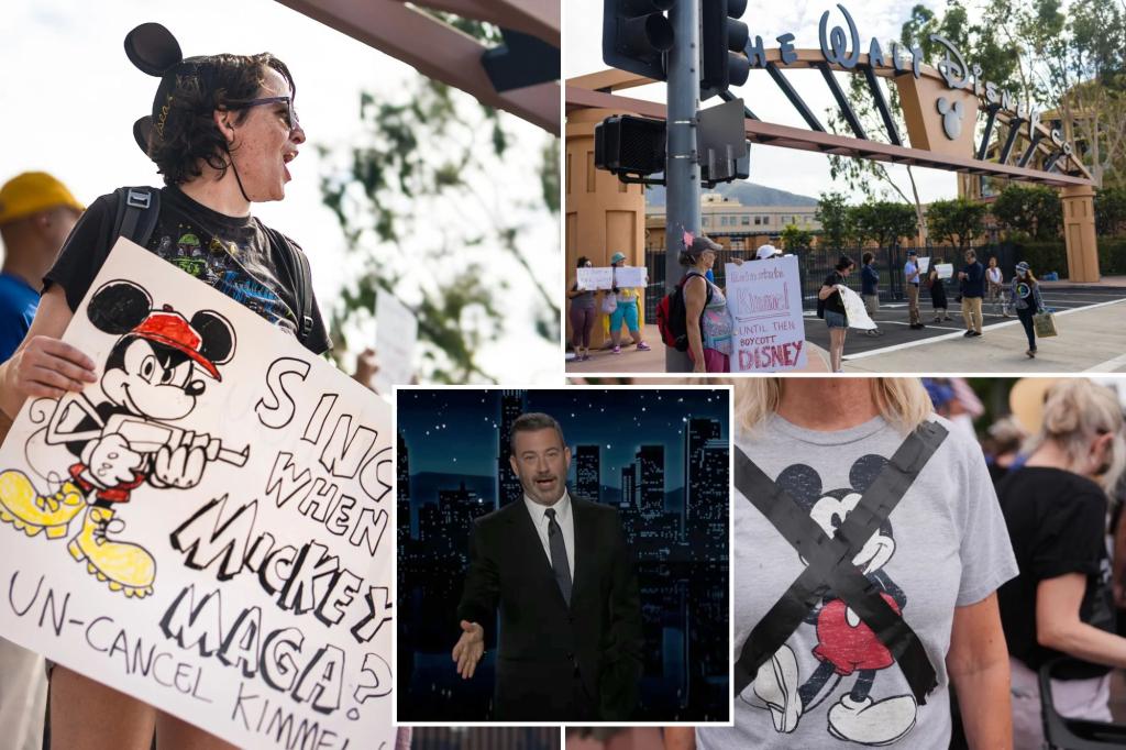 Protesters gather outside Walt Disney Studios in support of Kimmel...