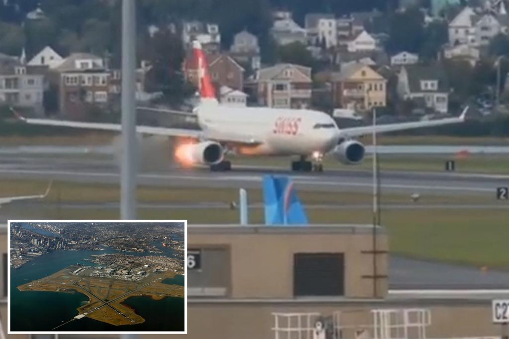 See the terrifying moment flames shoot from plane's engine at Boston...
