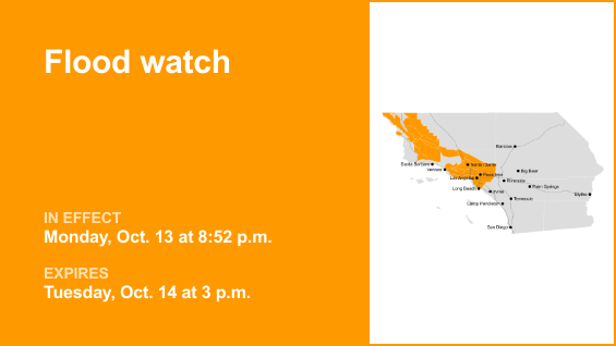 Flood watch in place for 5 Freeway north of LA until Tuesday afternoon caused by significant downpours