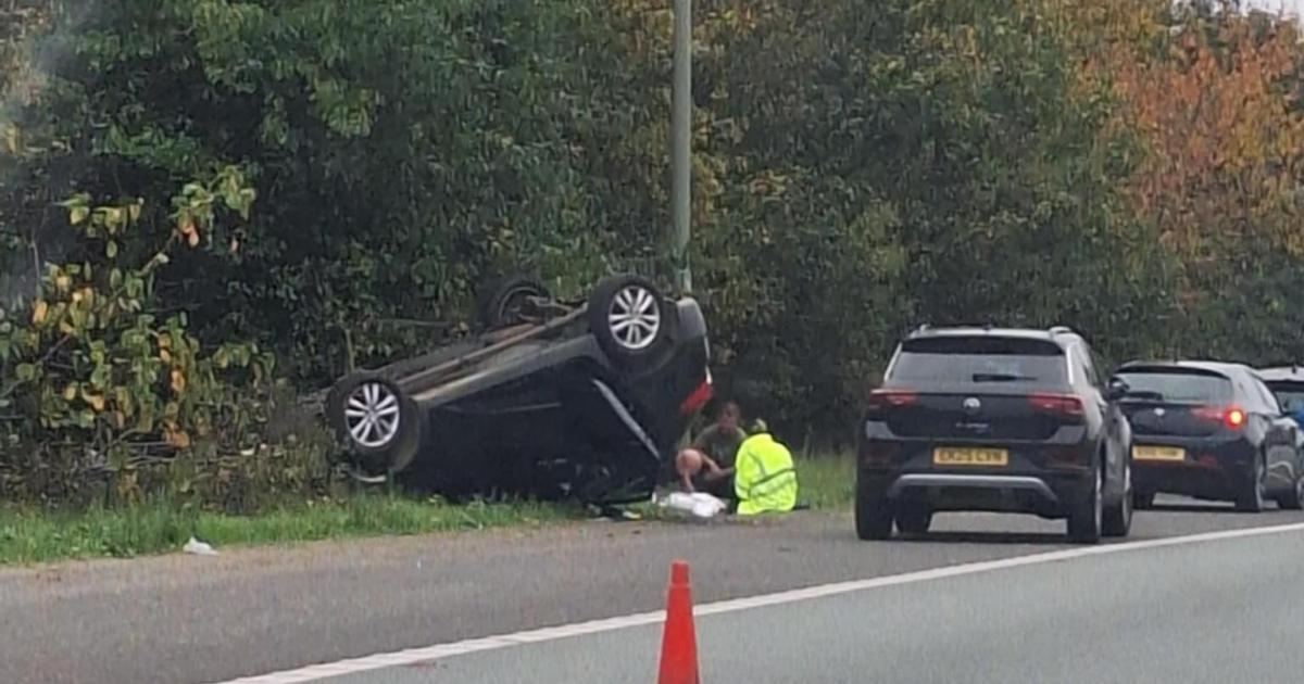Woman was taken to hospital after A12 car crash left vehicle on its roof