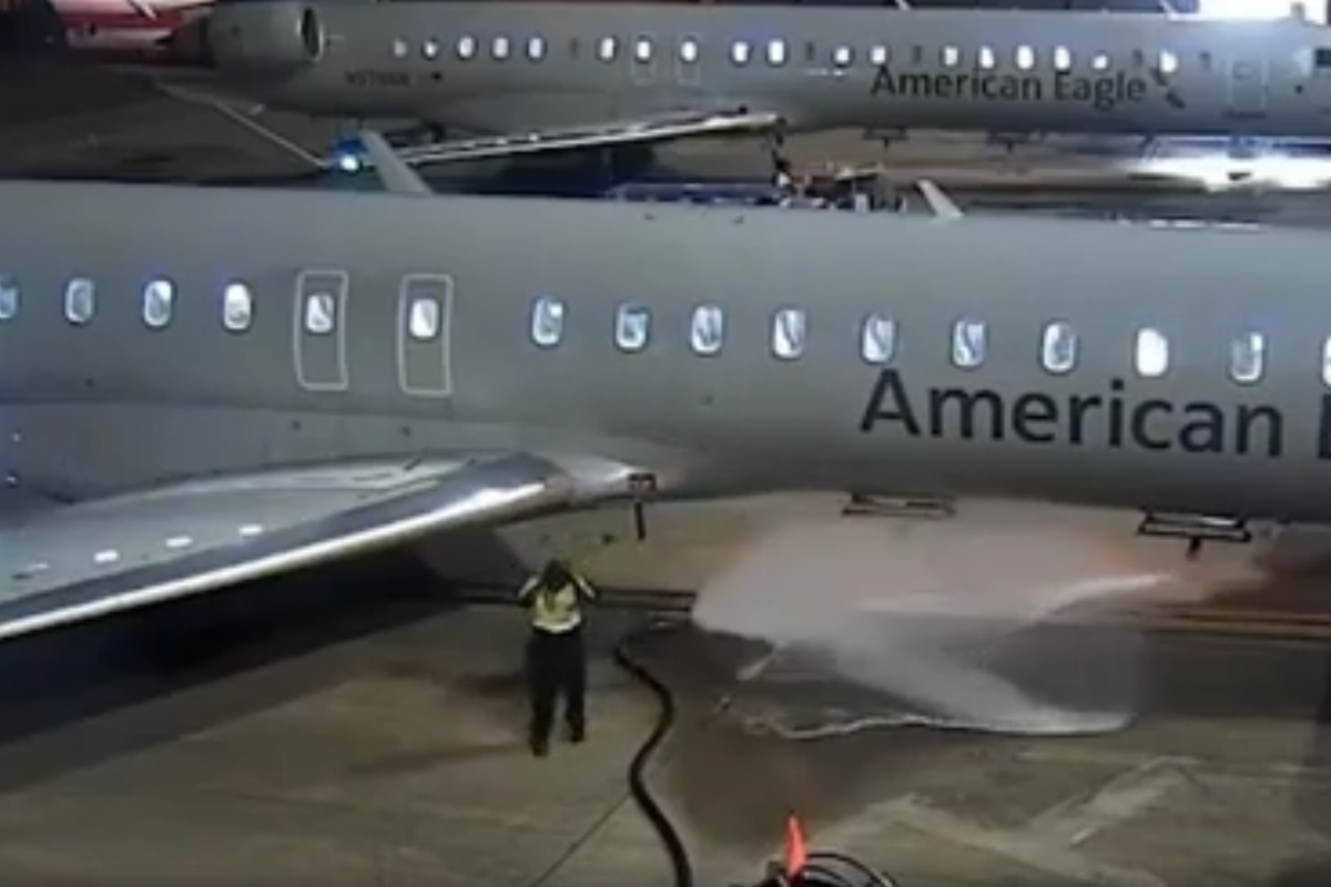 Airport worker drenches American Airlines plane and tarmac in gas after losing control of refueling hose