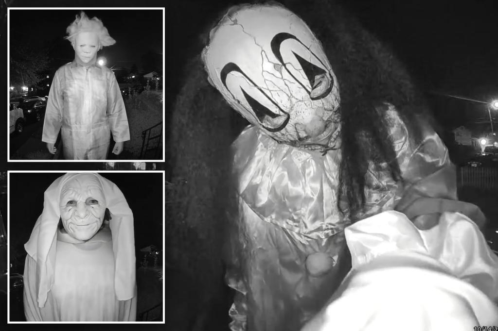 Chilling doorbell footage captures trio in Halloween masks threaten...