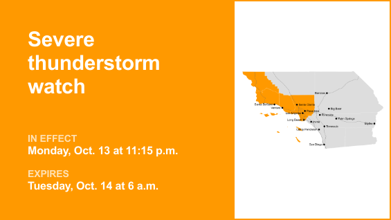 Severe thunderstorm watch issued for Los Angeles County until Tuesday morning