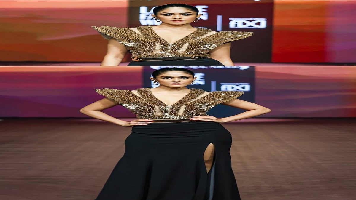SEE PICS: Mrunal Thakur Serves Celestial Glam In Metallic Gold Couture At Lakme Fashion Week