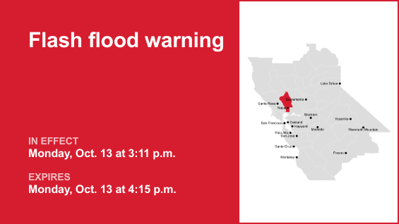 Update: Flash flood warning active for Napa County early Monday evening  --  significant threat, act now