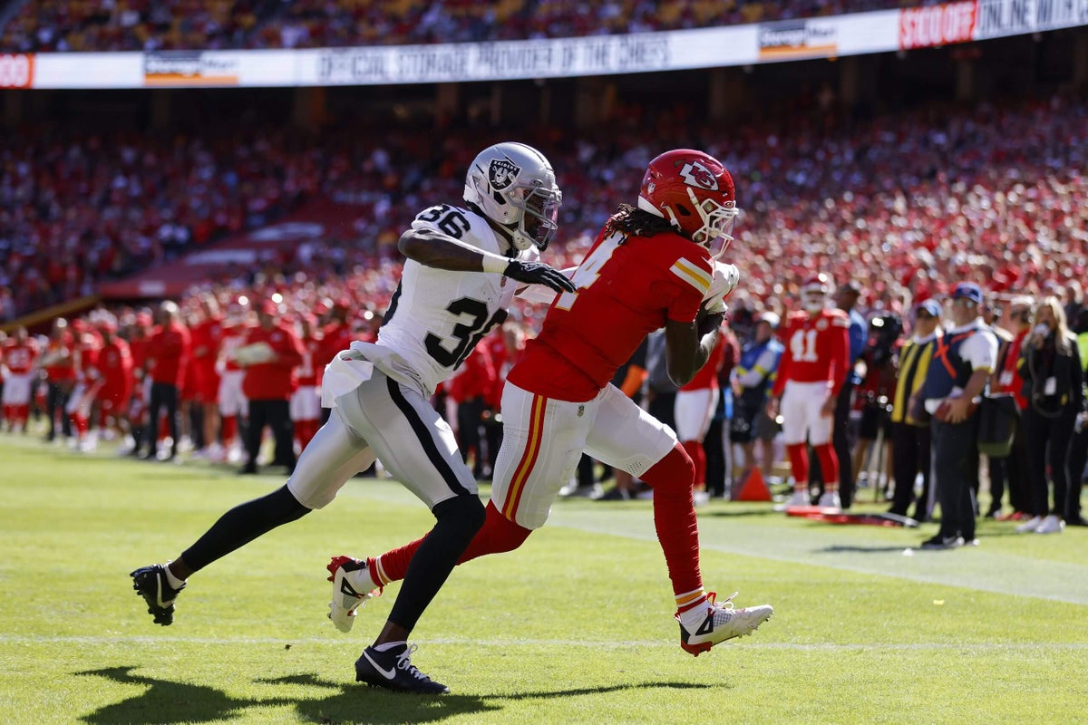 Raiders-Chiefs: Rashee Rice catches 2 first-half TDs in return from 6-game suspension