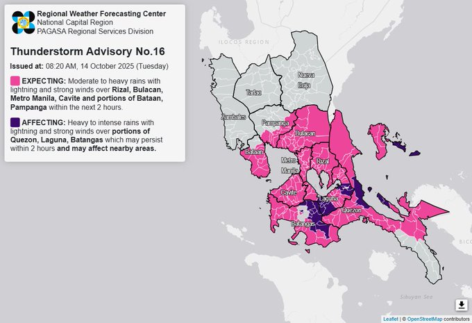 Thunderstorm advisory up over Metro Manila, 5 Luzon provinces
