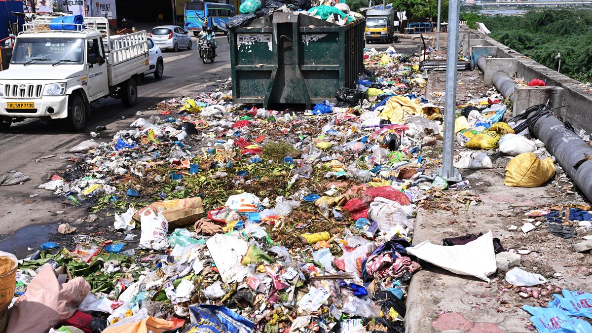 Overflowing of waste from bin on Vaigai North Bank Road gives tough time to residents