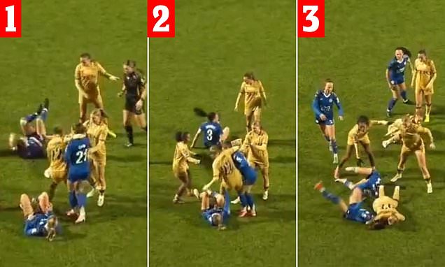 Crazy moment women's footballer throws rival to the ground by her NECK