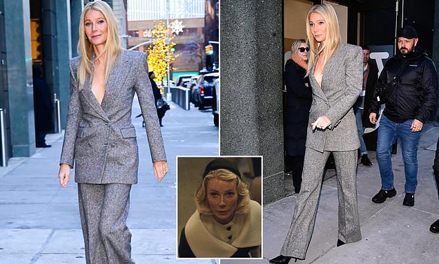 Gwyneth Paltrow goes bra-free in a power suit