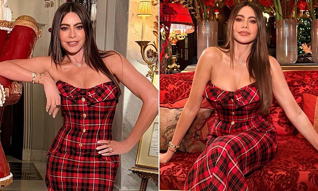 Sofia Vergara almost busts out of Christmas dress in Vienna