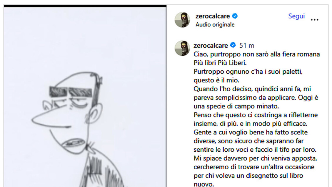 Zerocalcare pulls out of Più Libri Più Liberi due to 'Nazis' - Politics - Ansa.it