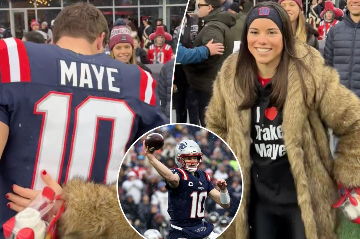 Drake Maye embraces wife in snowy scene before Patriots-Texans...