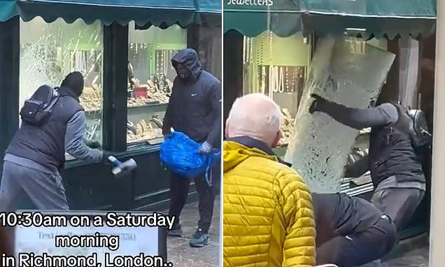 Moment hammer-wielding thugs break into family-run jewellers