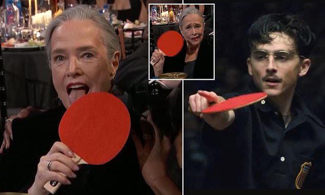 Kathy Bates thirsts for Timothée Chalamet by licking ping pong paddle