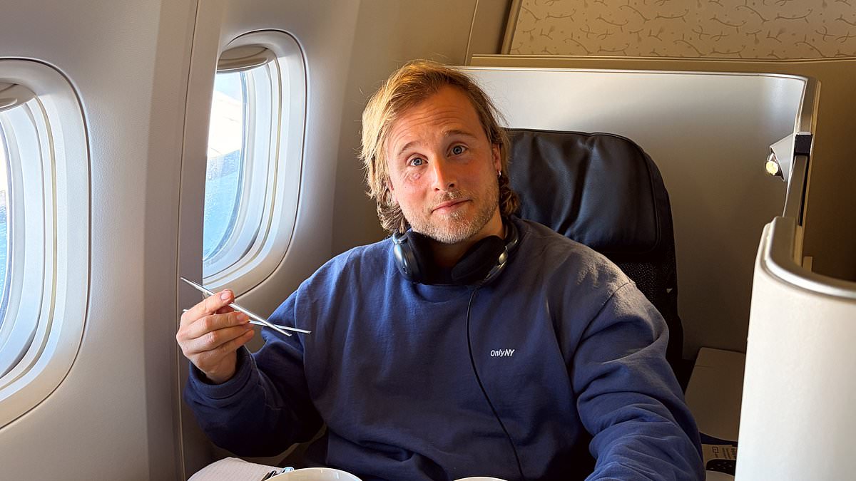 Inside a business class flight from London to Seoul