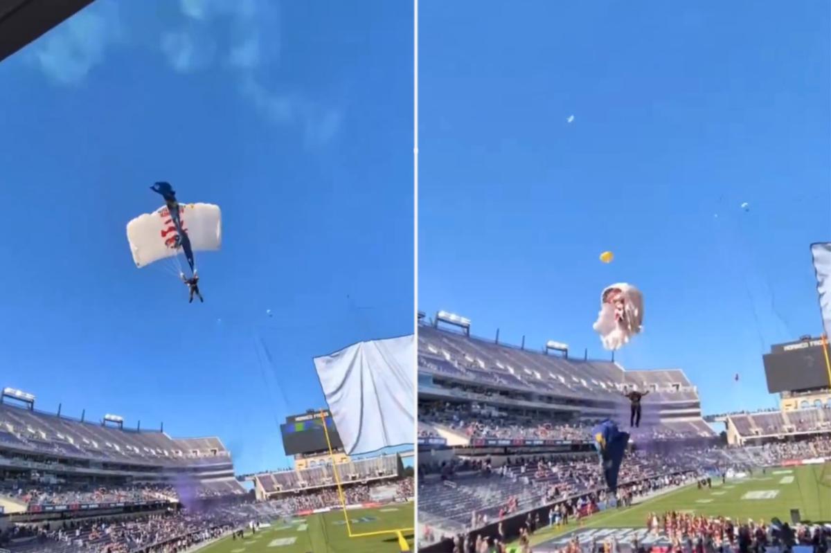 Shocking scene as parachuter caught in field goal netting at bowl game