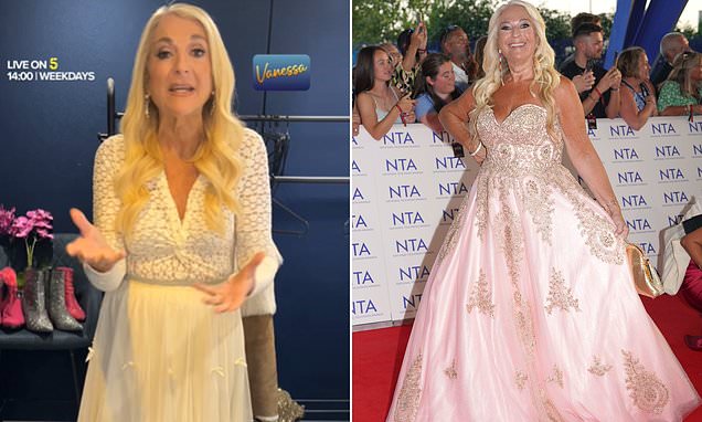 Vanessa Feltz shows off her slimmed-down physique in a lace dress