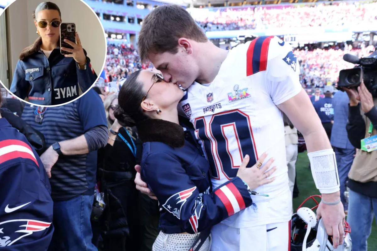 Drake Maye kisses wife Ann Michael on the field before start of Super...