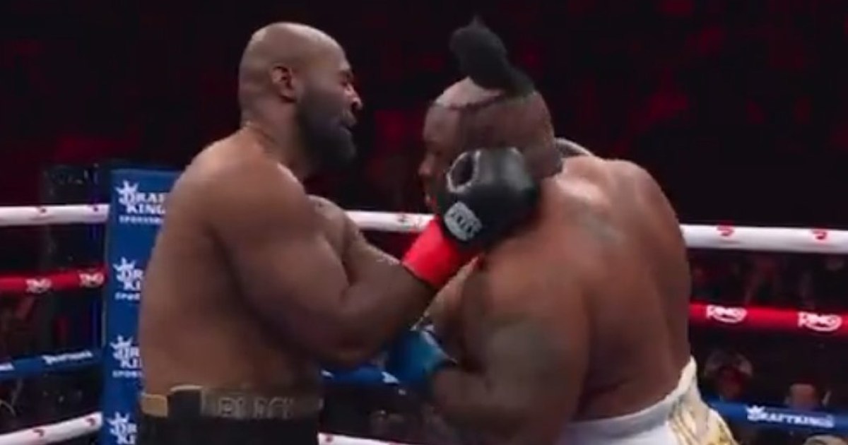 Jarrell Miller has his wig punched off by Kingsley Ibe during fight