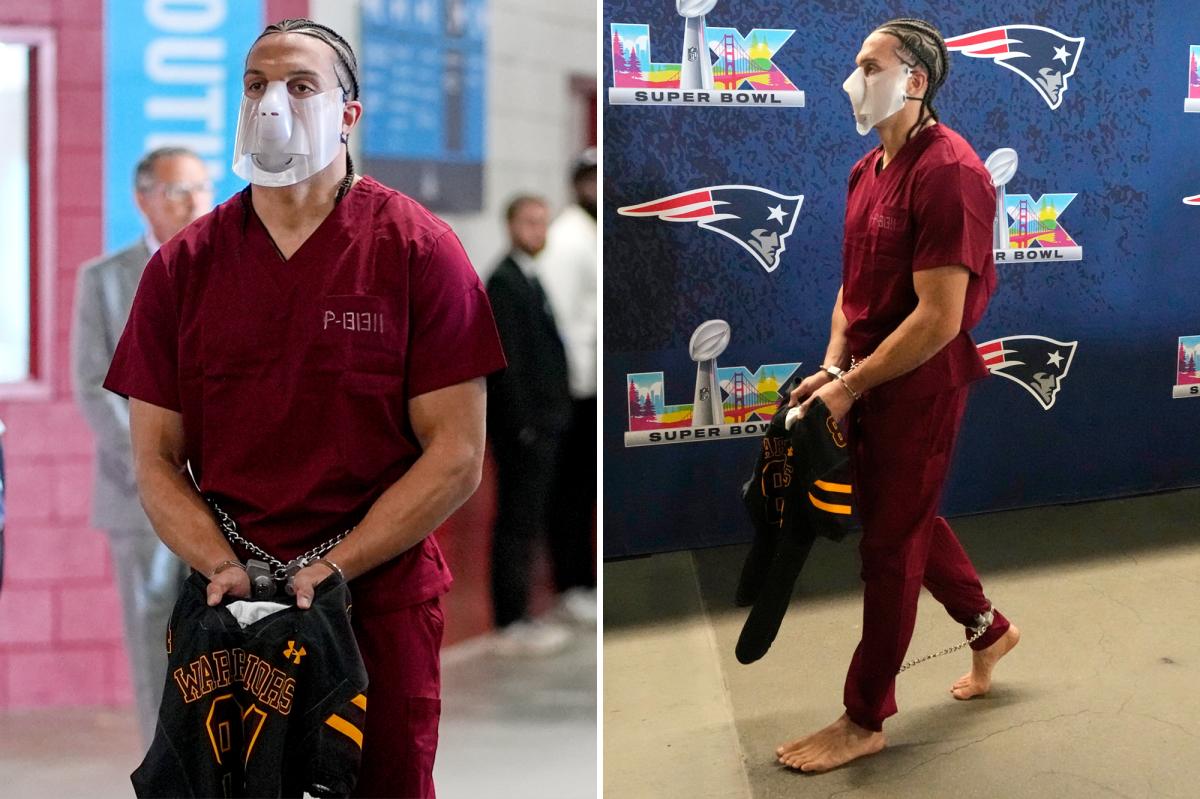 Patriots' Mack Hollins arrives at Super Bowl 2026 in prison jumpsuit...